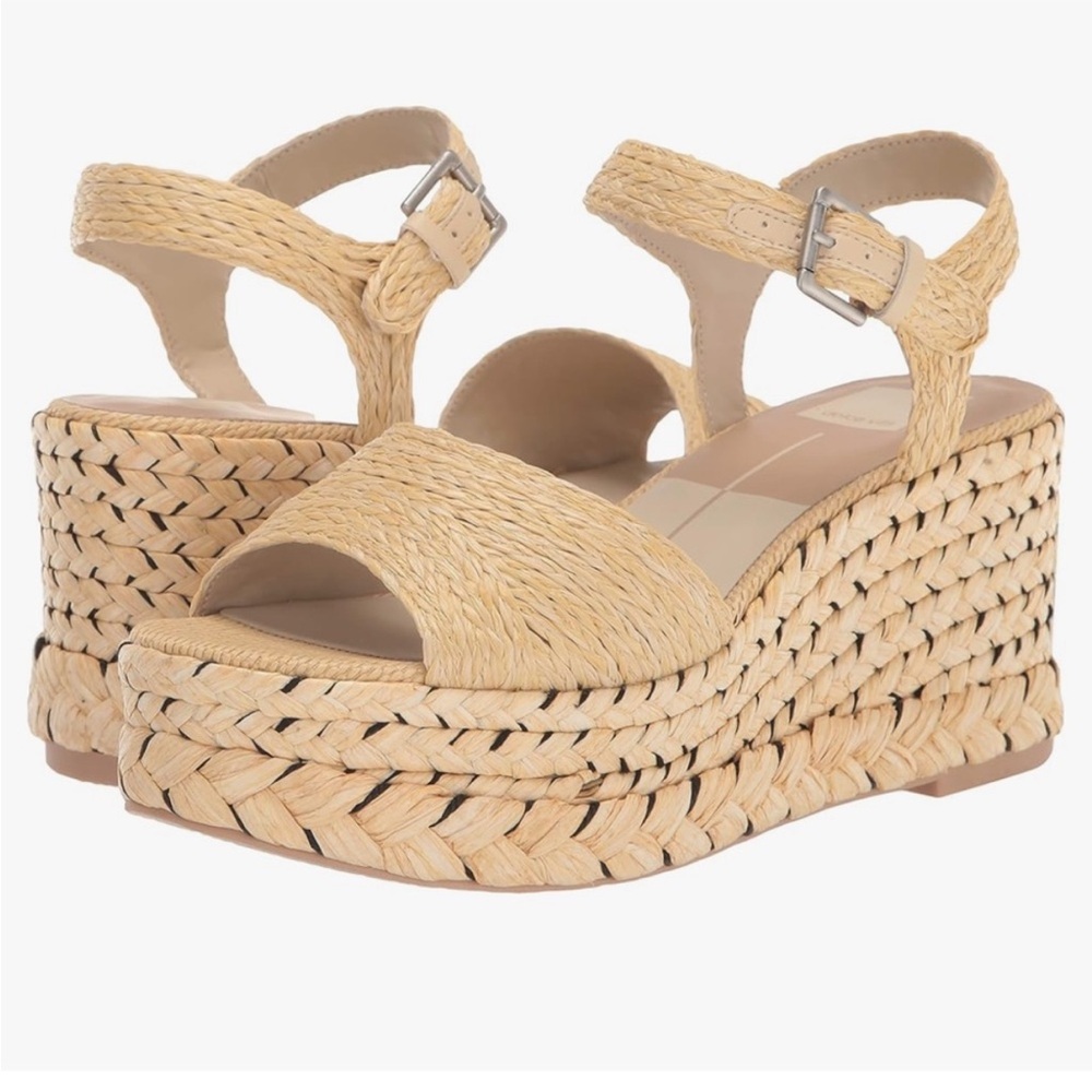 $130 Dolce Vita Tiago Raffia Ankle-Strap Espadrille Platform Wedge Sandals NEW